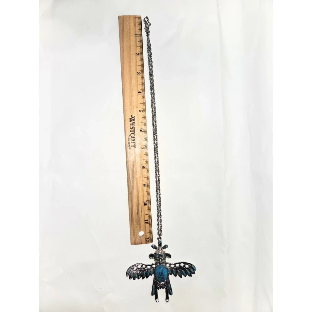 Southwest Style Thunderbird Pendant Necklace Turquoise Color Accents Silver Tone